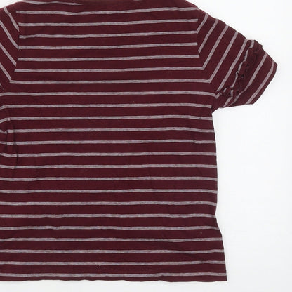 Marks and Spencer Girls Red Striped Cotton Basic T-Shirt Size 8-9 Years Round Neck  - Shoulder Detail