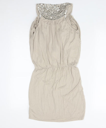 New Look Womens Beige  Viscose Fit & Flare  Size 8  Round Neck