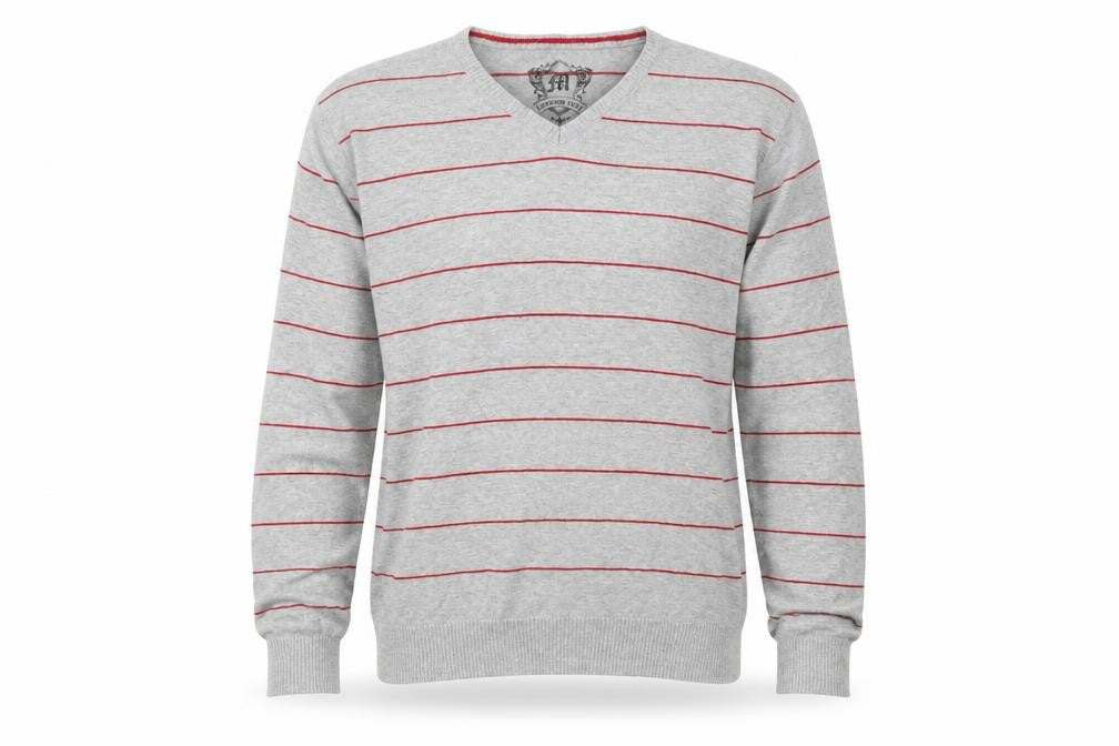 Cedarwood State Mens Grey V-Neck Striped Cotton Pullover Jumper Size M