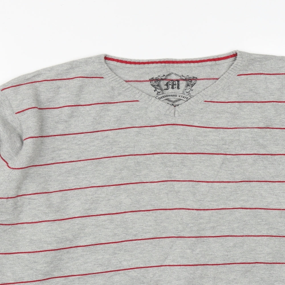 Cedar Wood State Mens Grey V-Neck Striped Cotton Pullover Jumper Size M
