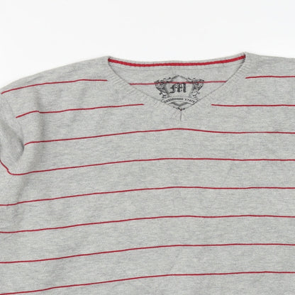 Cedar Wood State Mens Grey V-Neck Striped Cotton Pullover Jumper Size M