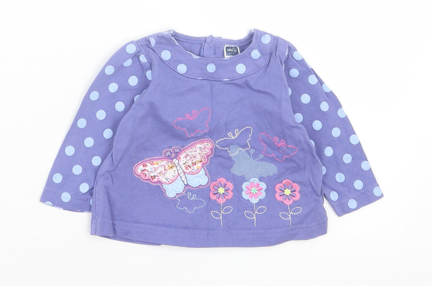 M&Co Girls Purple Polka Dot Cotton Basic Casual Size 3-6 Months Crew Neck Button