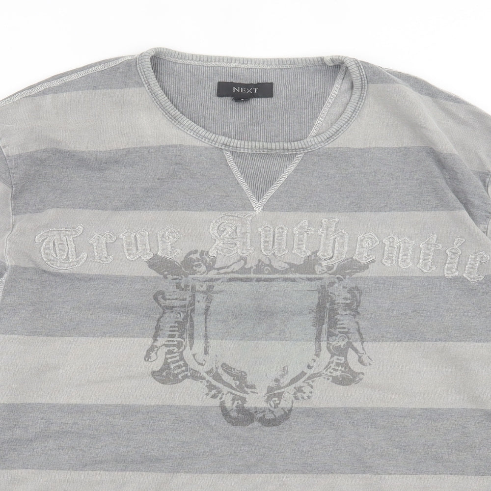 NEXT Mens Grey Crew Neck Striped Cotton Pullover Jumper Size L