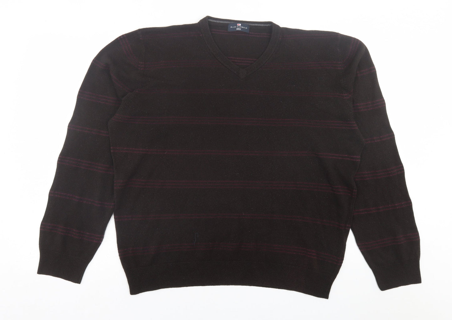 Blue Harbour Mens Brown V-Neck Striped Acrylic Pullover Jumper Size 2XL