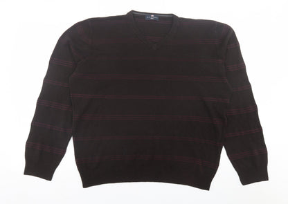 Blue Harbour Mens Brown V-Neck Striped Acrylic Pullover Jumper Size 2XL