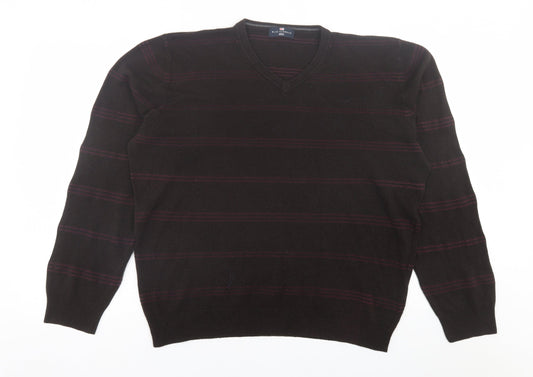 Blue Harbour Mens Brown V-Neck Striped Acrylic Pullover Jumper Size 2XL
