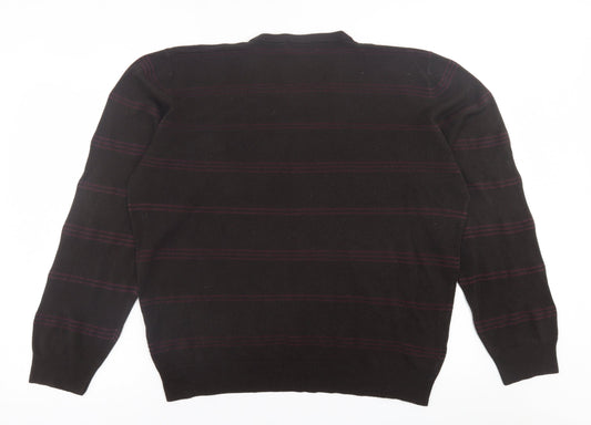 Blue Harbour Mens Brown V-Neck Striped Acrylic Pullover Jumper Size 2XL