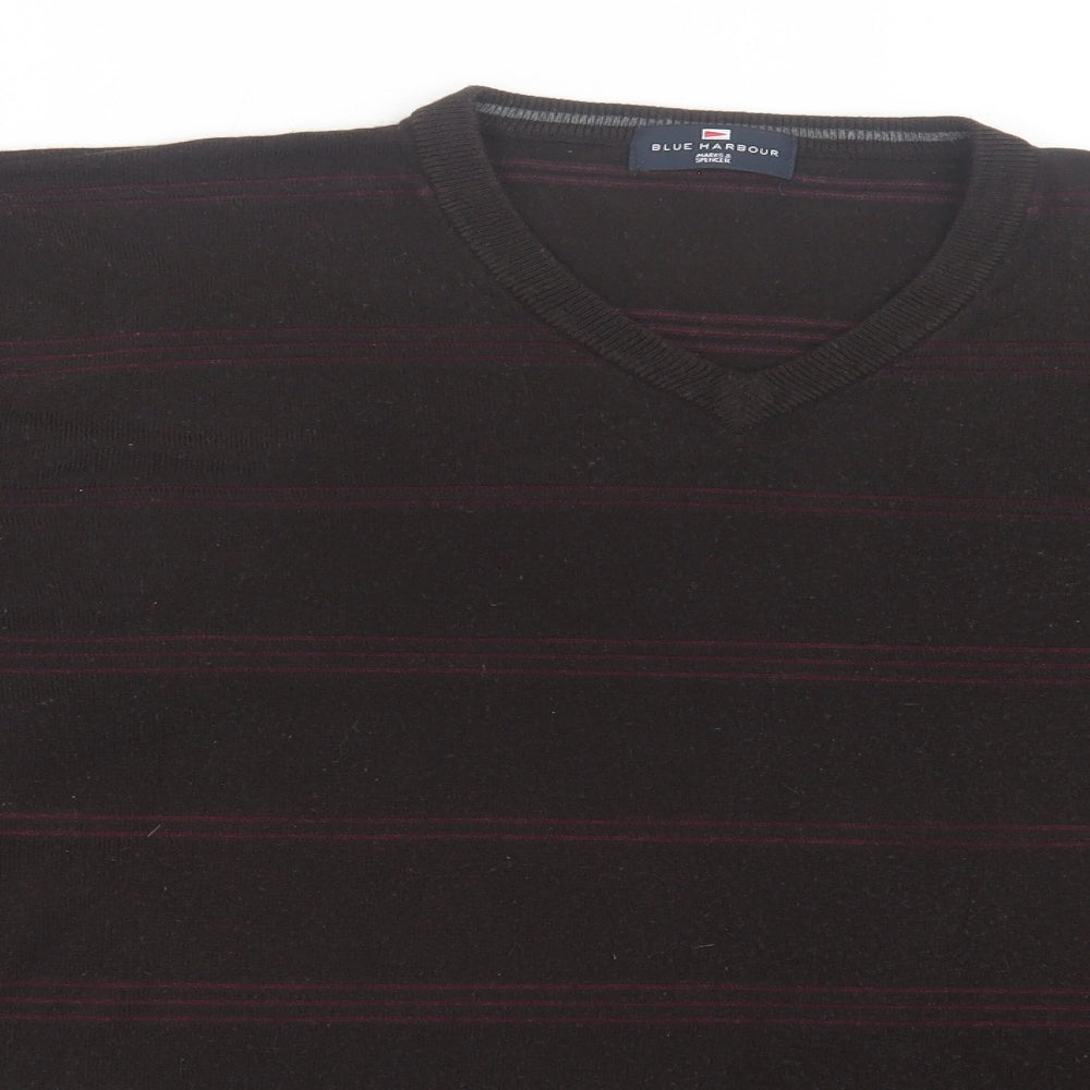 Blue Harbour Mens Brown V-Neck Striped Acrylic Pullover Jumper Size 2XL