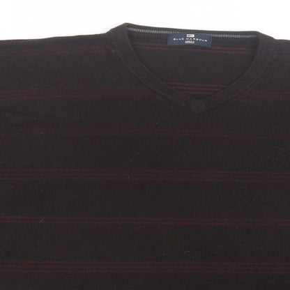 Blue Harbour Mens Brown V-Neck Striped Acrylic Pullover Jumper Size 2XL