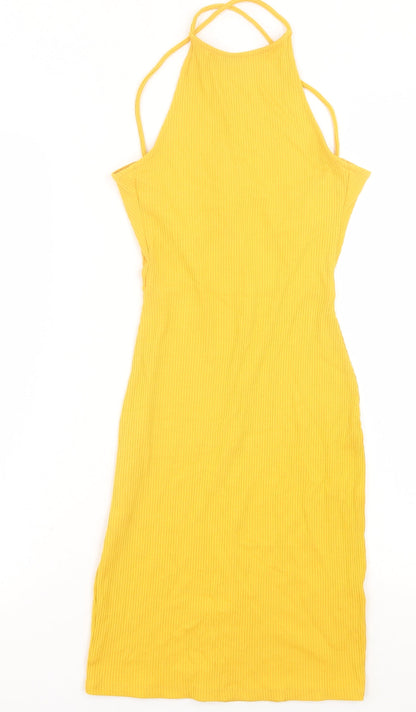 H&M Womens Yellow  Viscose Bodycon  Size XS  Scoop Neck Tie