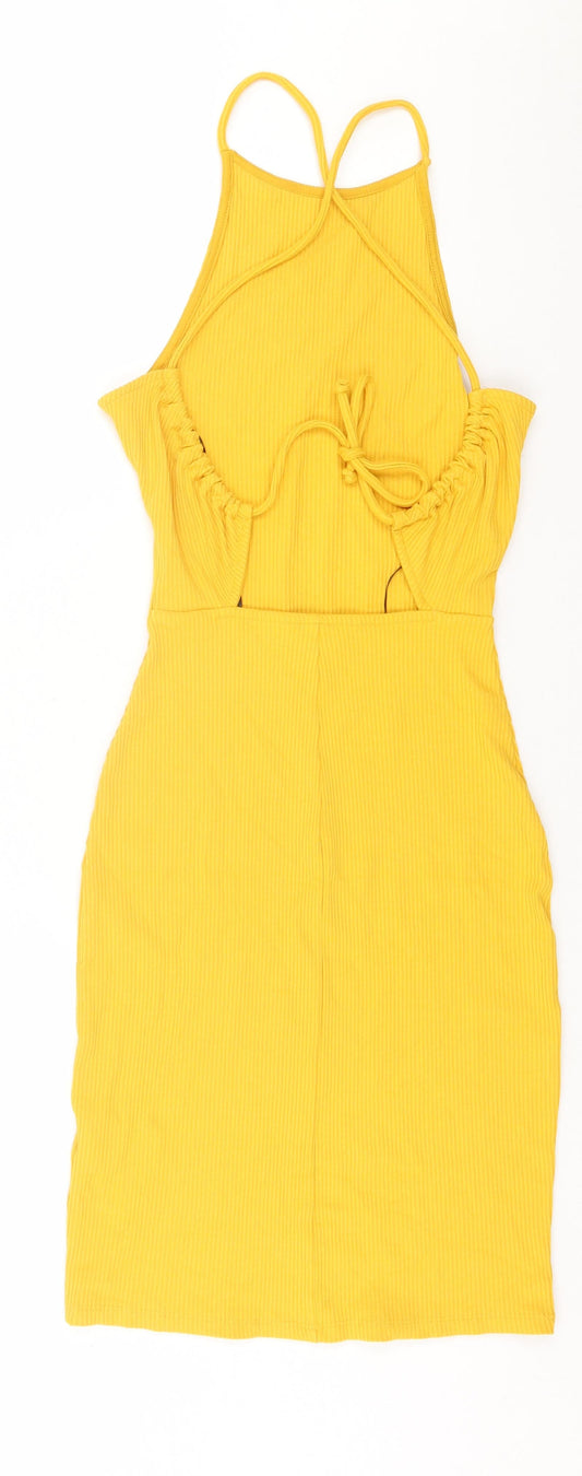 H&M Womens Yellow  Viscose Bodycon  Size XS  Scoop Neck Tie