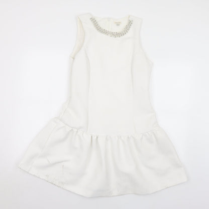 River Island Womens White  Polyester Fit & Flare  Size 10  Round Neck Zip