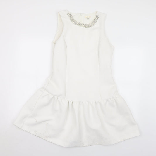 River Island Womens White  Polyester Fit & Flare  Size 10  Round Neck Zip