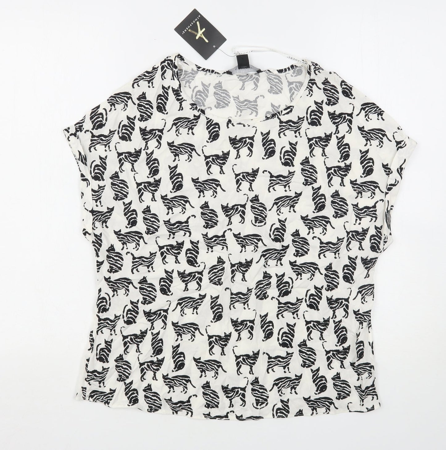 Atmosphere Womens White Animal Print Viscose Basic Blouse Size 8 Round Neck