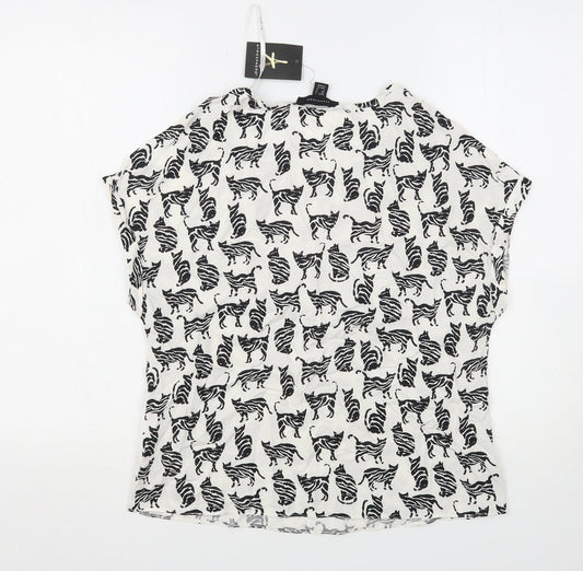 Atmosphere Womens White Animal Print Viscose Basic Blouse Size 8 Round Neck