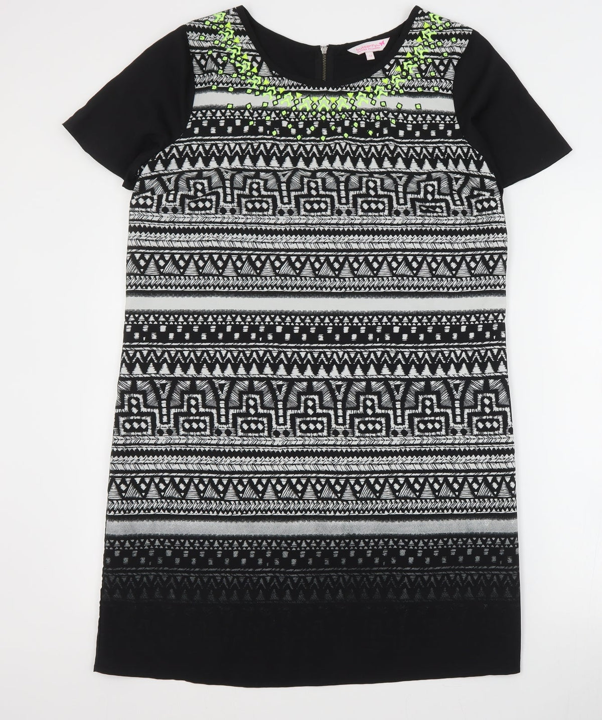 Butterfly Womens Black Geometric Polyester Mini  Size 14  Round Neck Zip