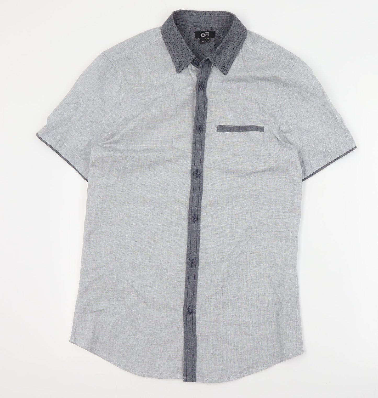 F&F Mens Grey  Cotton  Button-Up Size S Collared Button