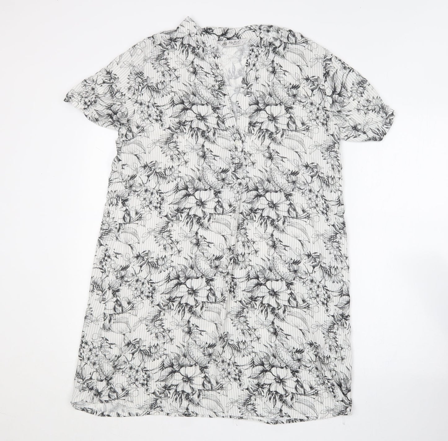 My Bra Fashion Womens White Floral Cotton Shirt Dress  Size S  V-Neck
