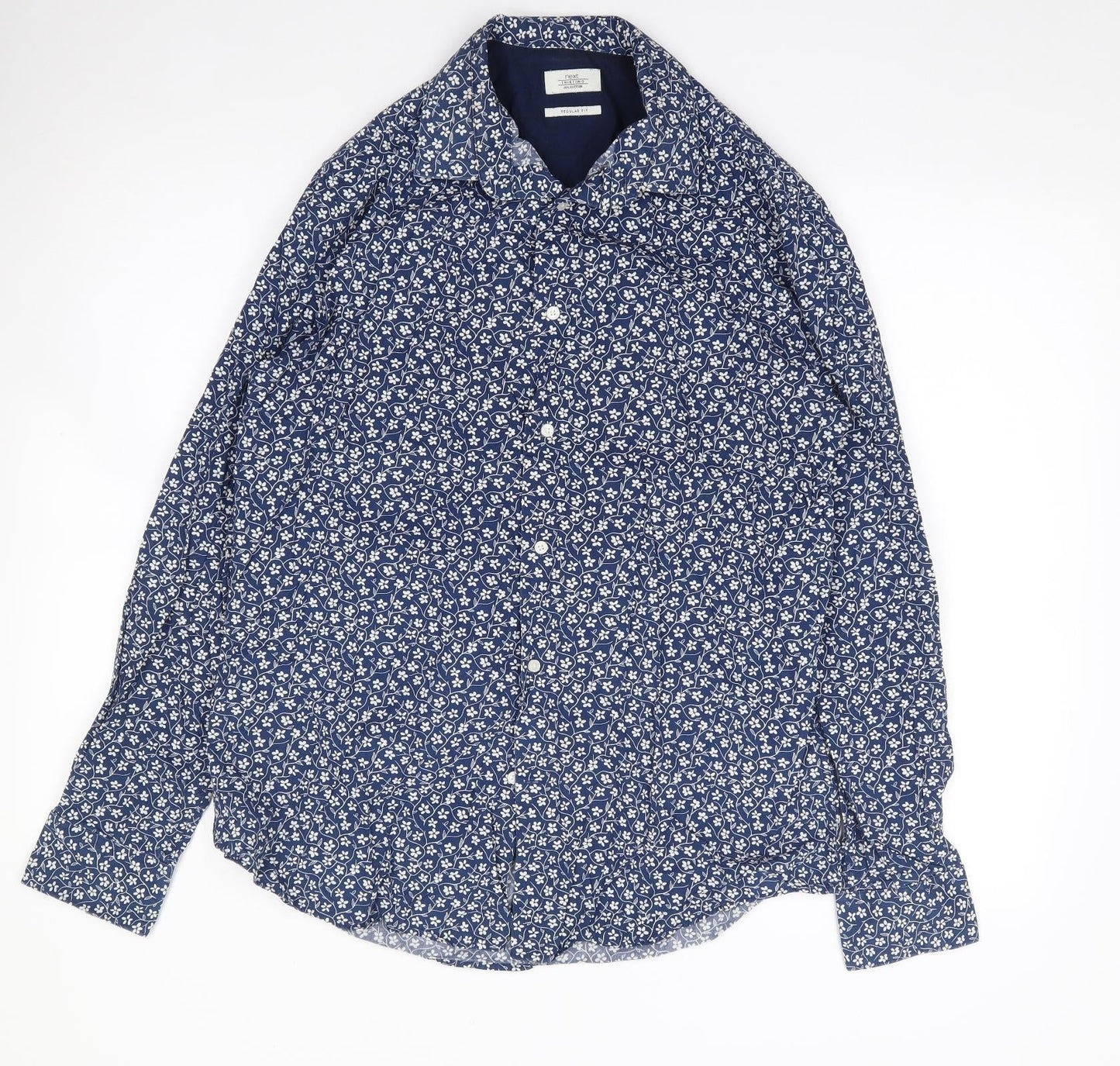 NEXT Mens Blue Floral Cotton  Button-Up Size 15.5 Collared Button