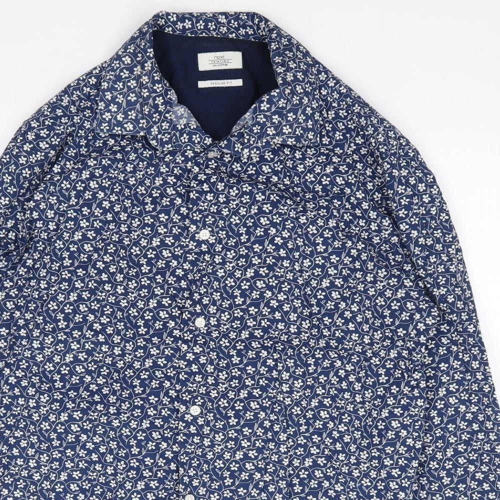 NEXT Mens Blue Floral Cotton  Button-Up Size 15.5 Collared Button