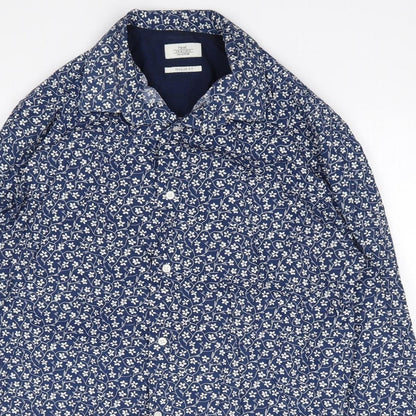 NEXT Mens Blue Floral Cotton  Button-Up Size 15.5 Collared Button