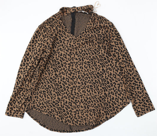 Gerard Womens Brown V-Neck Animal Print Polyester Pullover Jumper Size 12