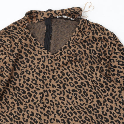 Gerard Womens Brown V-Neck Animal Print Polyester Pullover Jumper Size 12