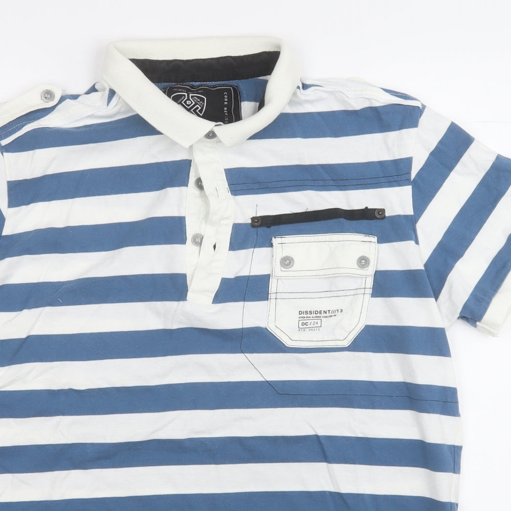 Dissident Mens Blue Striped Cotton  Polo Size L Collared