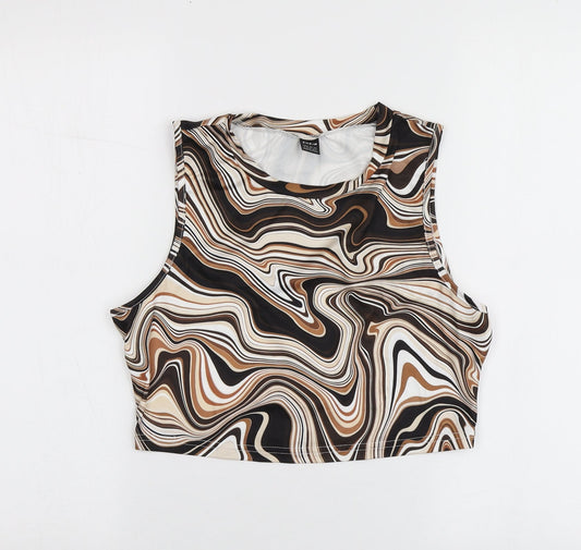 SheIn Womens Brown Geometric Polyester Basic T-Shirt Size L High Neck