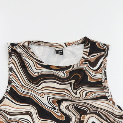 SheIn Womens Brown Geometric Polyester Basic T-Shirt Size L High Neck