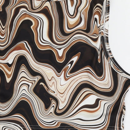 SheIn Womens Brown Geometric Polyester Basic T-Shirt Size L High Neck