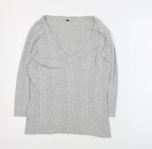 Bay Womens Grey V-Neck  Viscose Pullover Jumper Size 16