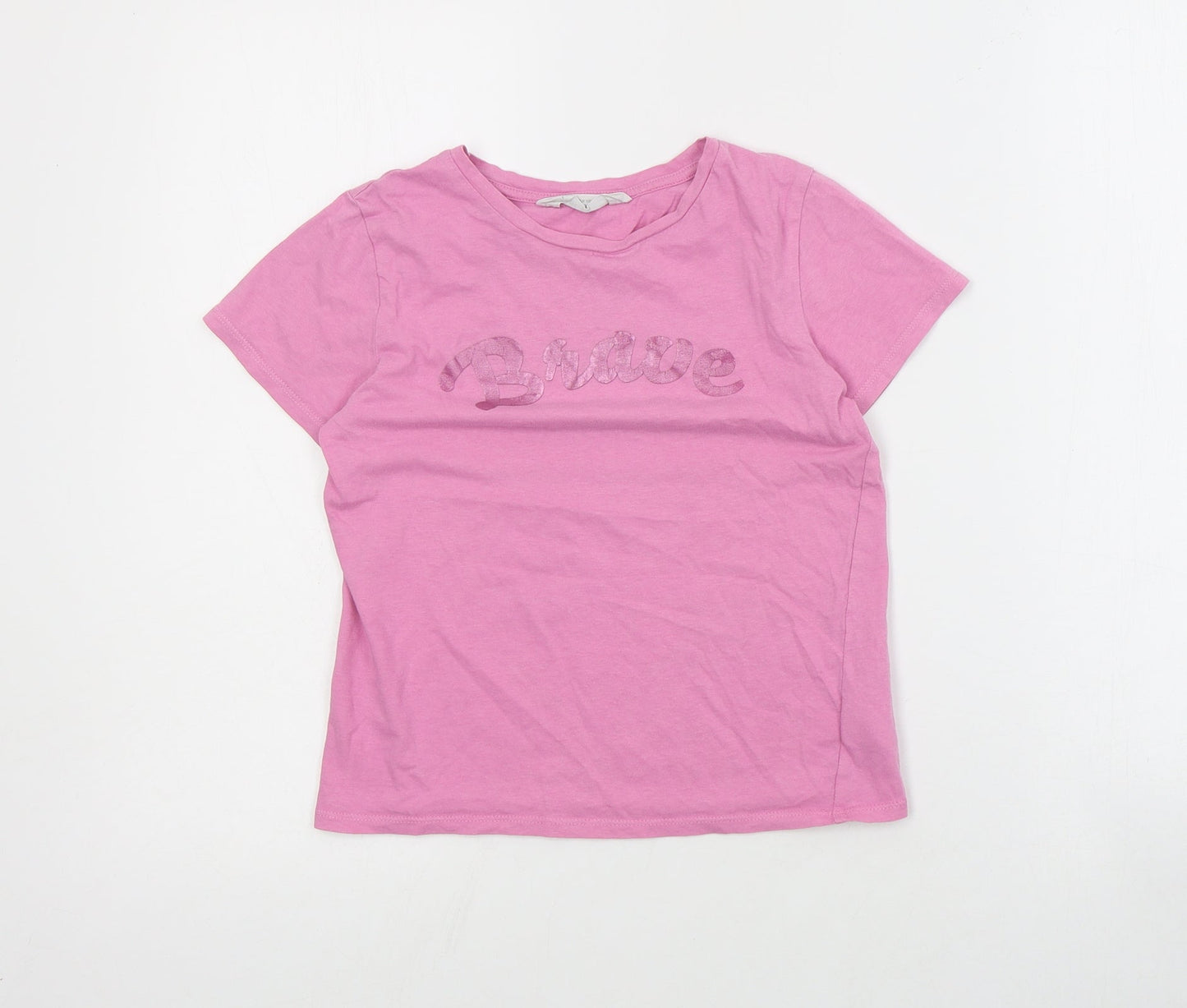 H&M Girls Pink  Cotton Basic T-Shirt Size 7-8 Years Crew Neck Pullover - Slogan