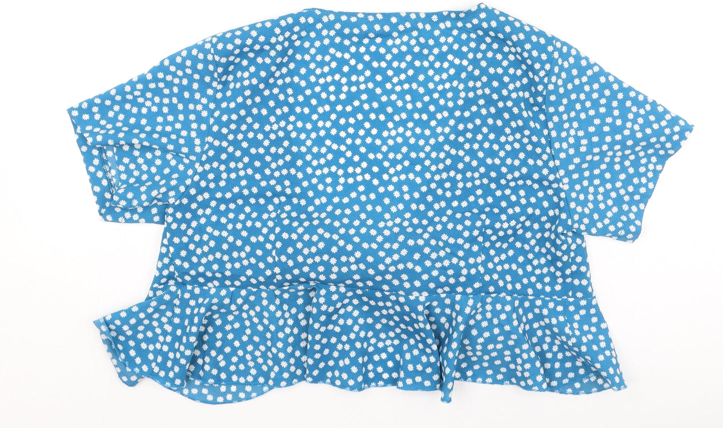 SheIn Womens Blue Floral Polyester Basic Blouse Size M V-Neck