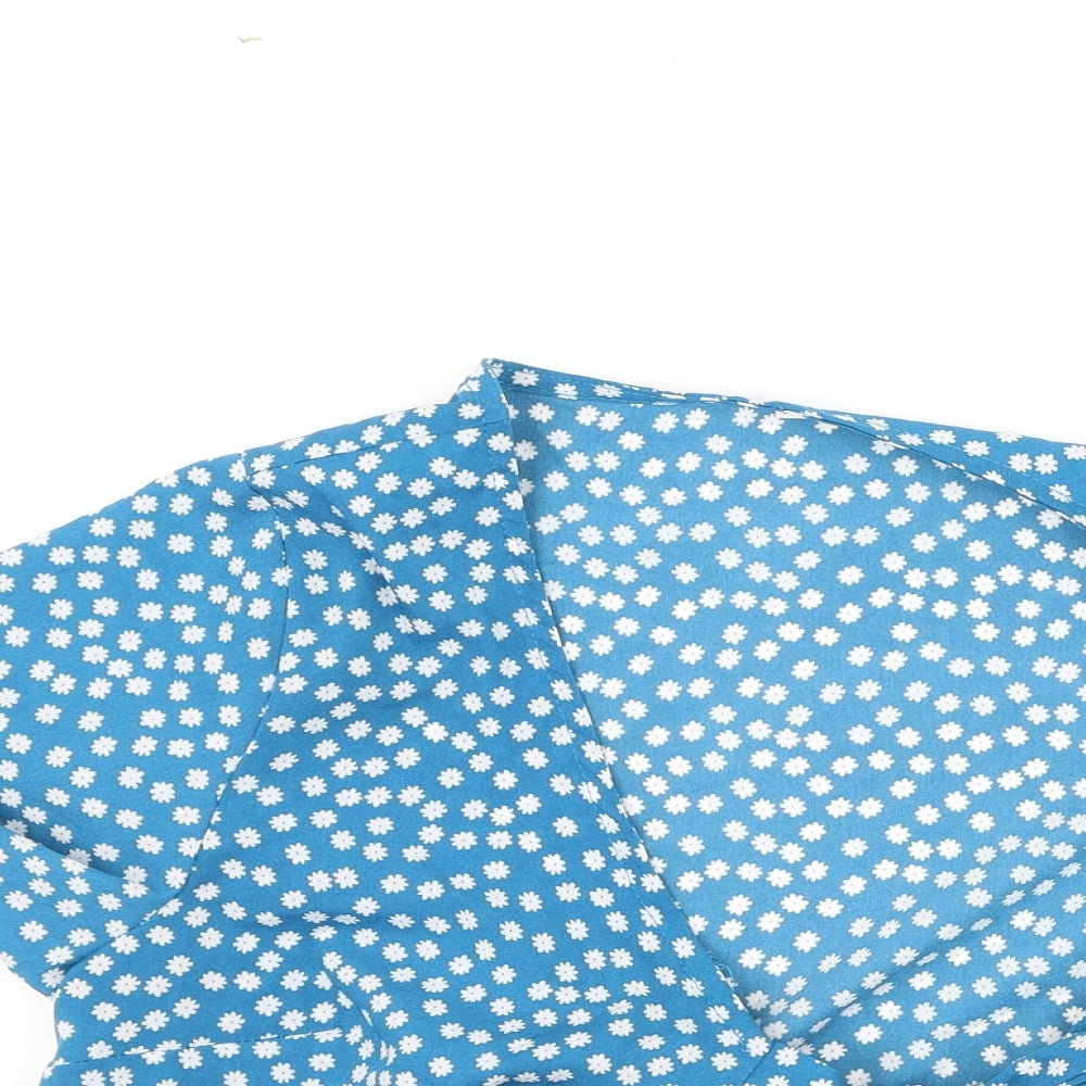 SheIn Womens Blue Floral Polyester Basic Blouse Size M V-Neck