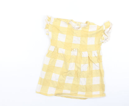 George  Girls Yellow Plaid Cotton Fit & Flare  Size 9-12 Months  Round Neck