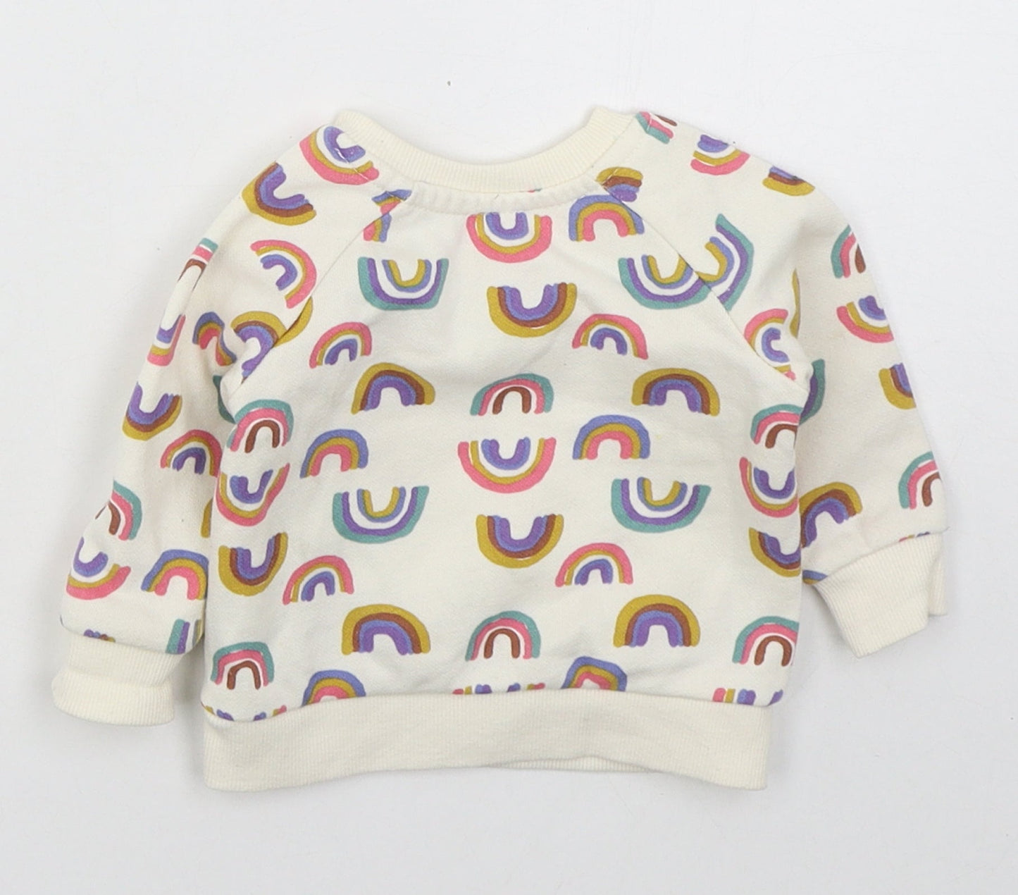 Primark Girls Ivory  Cotton Basic T-Shirt Size 0-3 Months Crew Neck Pullover - Rainbows