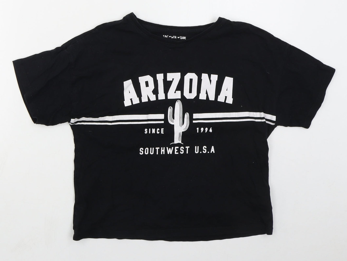 F&F Girls Black  Cotton Cropped T-Shirt Size 11-12 Years Crew Neck Pullover - Arizona