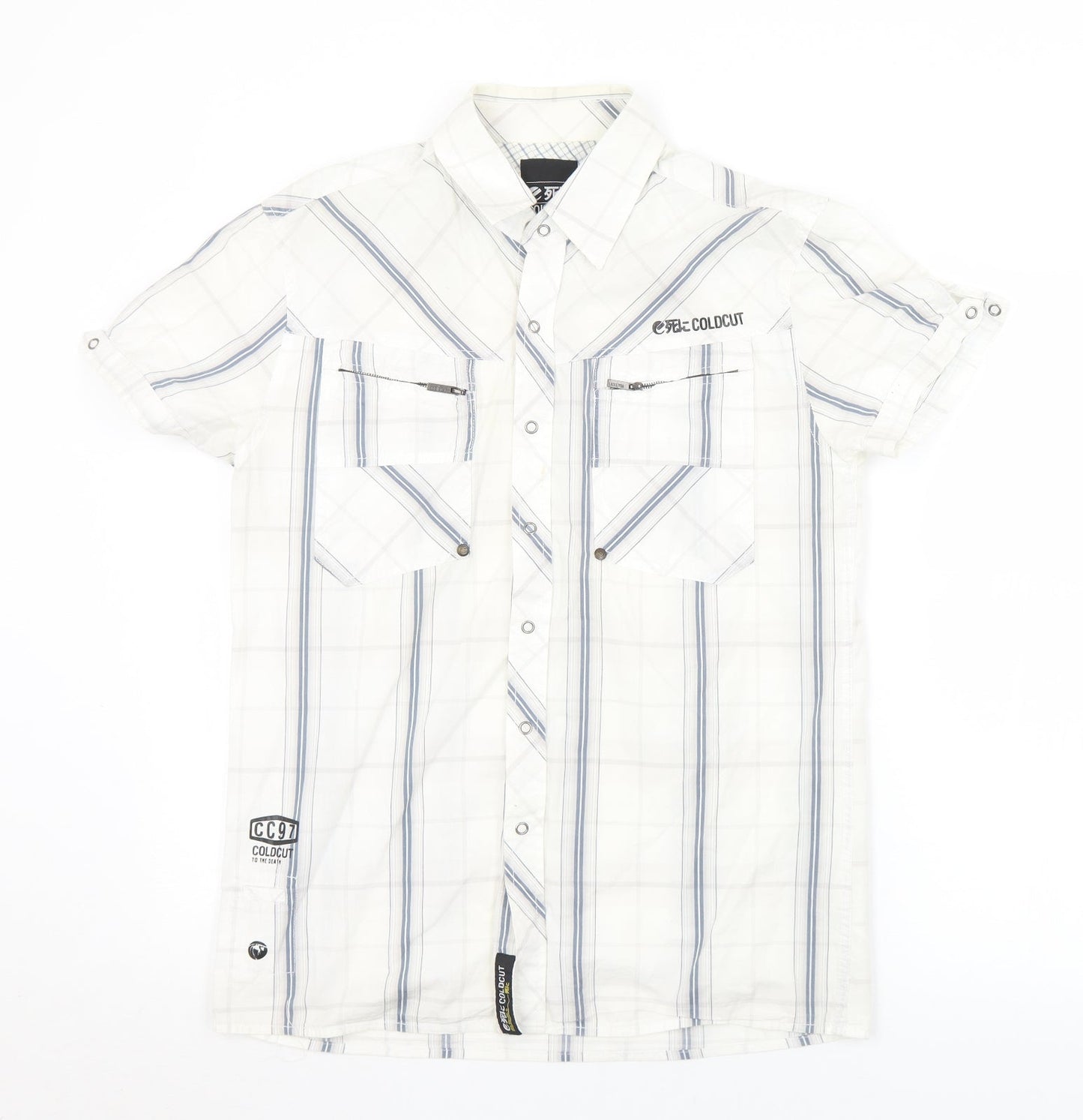 Coldcut Mens White Plaid Cotton  Button-Up Size S Collared Snap