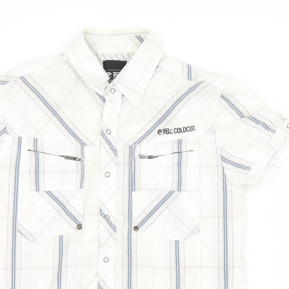 Coldcut Mens White Plaid Cotton  Button-Up Size S Collared Snap