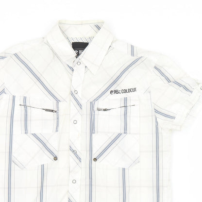 Coldcut Mens White Plaid Cotton  Button-Up Size S Collared Snap