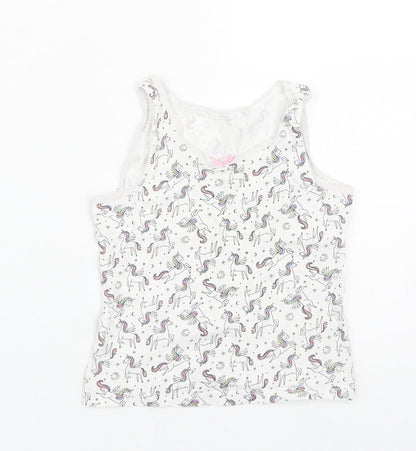 George Girls White Geometric Cotton Basic Tank Size 4-5 Years Round Neck  - Unicorn