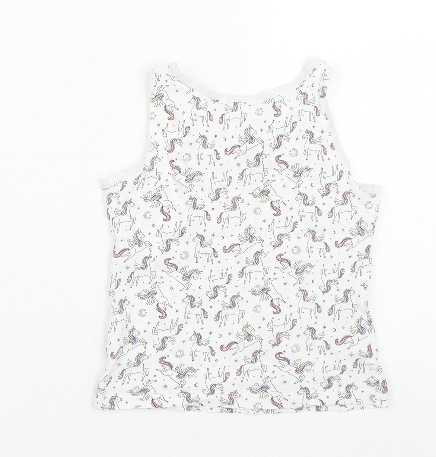 George Girls White Geometric Cotton Basic Tank Size 4-5 Years Round Neck  - Unicorn