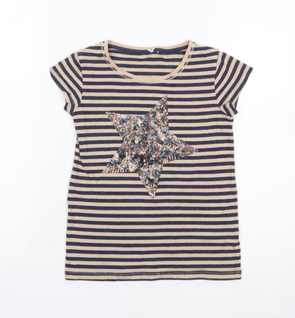 NEXT Girls Brown Striped Cotton Jersey T-Shirt Size 8 Years Crew Neck Pullover