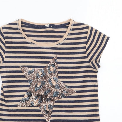 NEXT Girls Brown Striped Cotton Jersey T-Shirt Size 8 Years Crew Neck Pullover