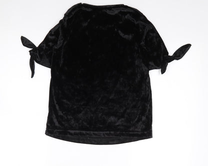 Primark Womens Black  Polyester Jersey T-Shirt Size 4 Crew Neck - Split Sleeve