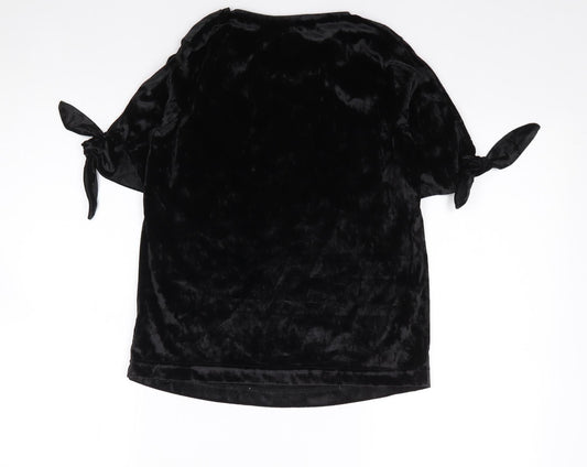 Primark Womens Black  Polyester Jersey T-Shirt Size 4 Crew Neck - Split Sleeve