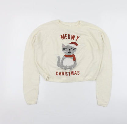 New Look Girls Ivory Round Neck Geometric Acrylic Pullover Jumper Size 10-11 Years   - Santa Jumper