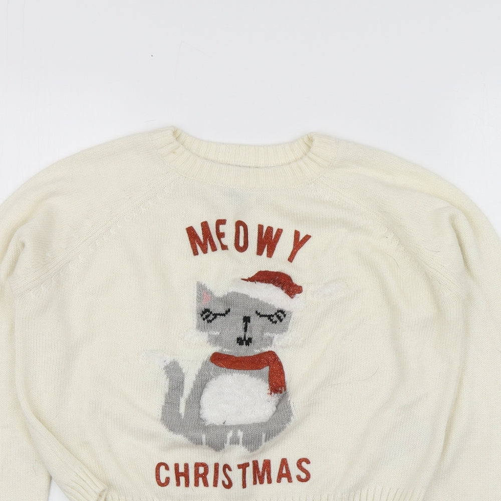 New Look Girls Ivory Round Neck Geometric Acrylic Pullover Jumper Size 10-11 Years   - Santa Jumper