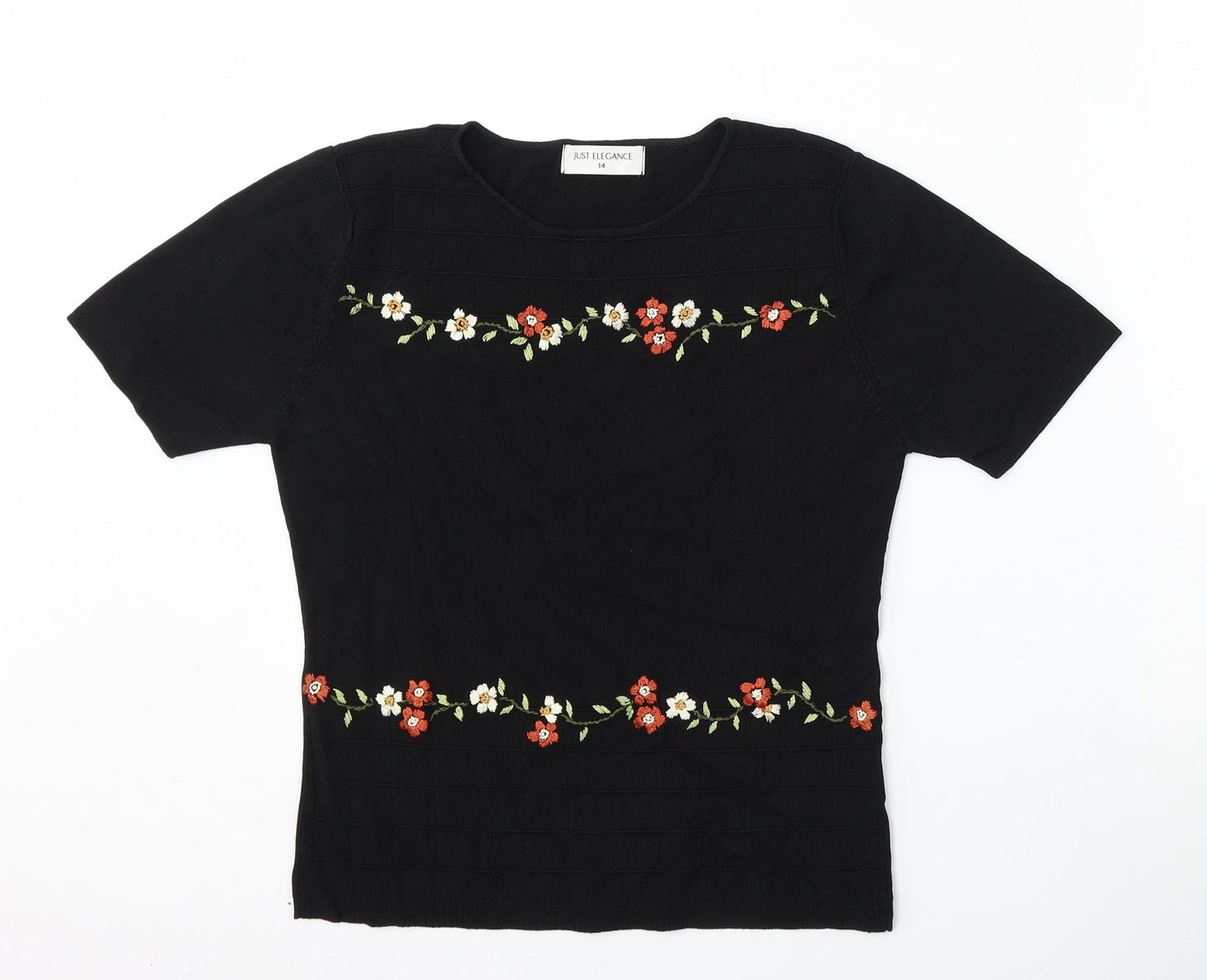 JUST ELEGANCE Womens Black Round Neck Floral Rayon Pullover Jumper Size 14